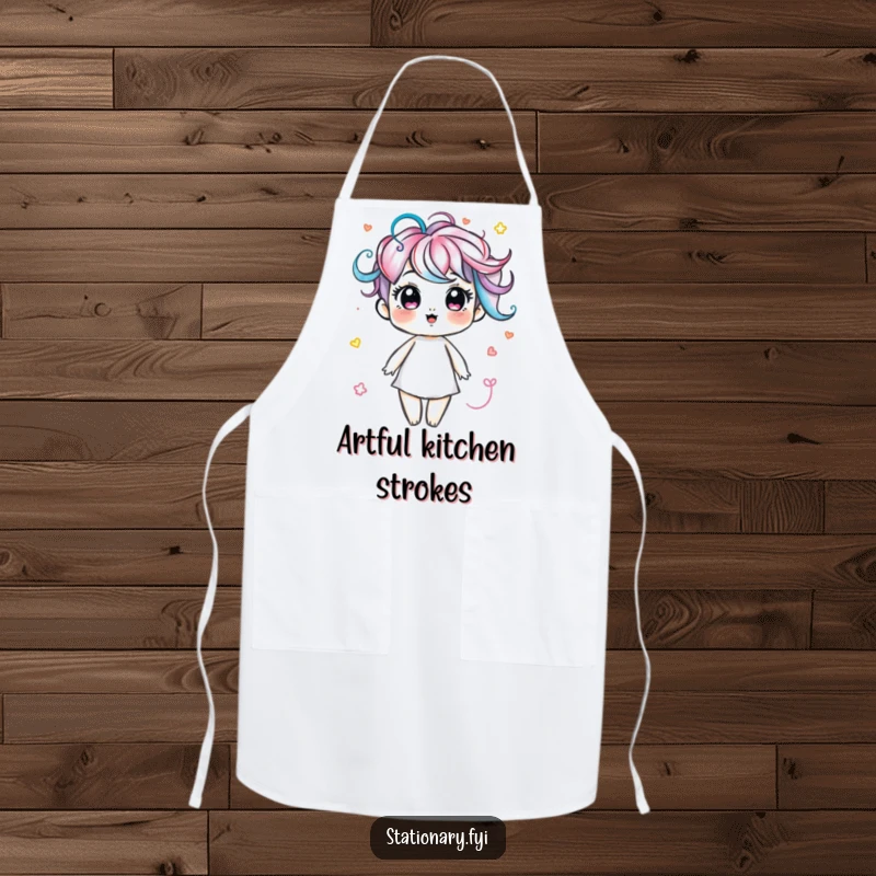 Funny apron with a delightful marker character drawing vibrant, colorful swirls, ideal for artistic kitchen fun.
