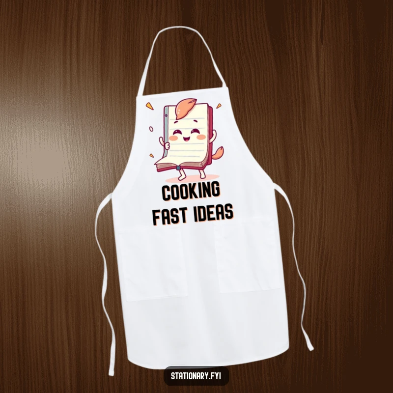 Funny apron with a joyful notebook character flipping its pages rapidly, ideal for kitchen reading sessions.