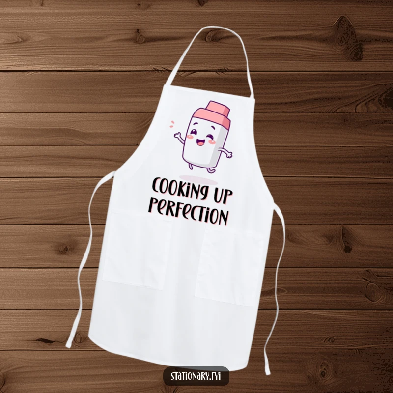 Funny apron featuring a giggling eraser character bouncing playfully, ideal for chefs and bakers who love a touch of humor in the kitchen.