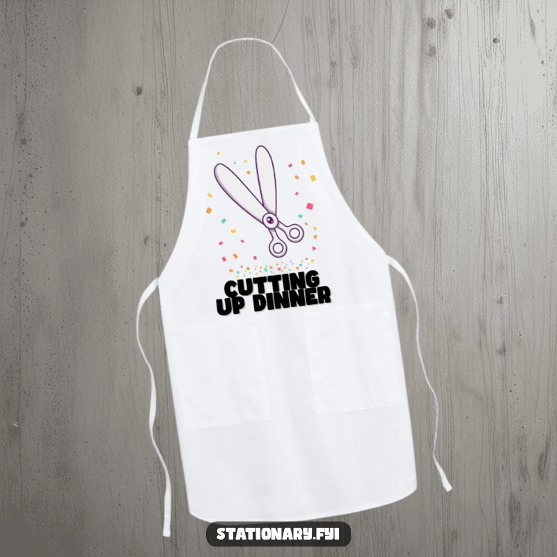 Funny apron with giggling scissors cutting confetti, perfect for hosts who love festive fun.
