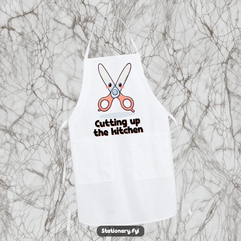 Funny Apron: Animated scissors character performing a cheerful dance, ideal for the kitchen and adding humor to cooking.