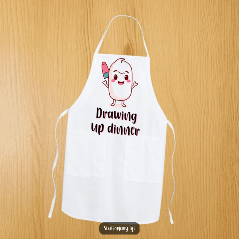Funny marker apron showing a bouncing marker character drawing a vibrant, wavy line. Great for crafting.