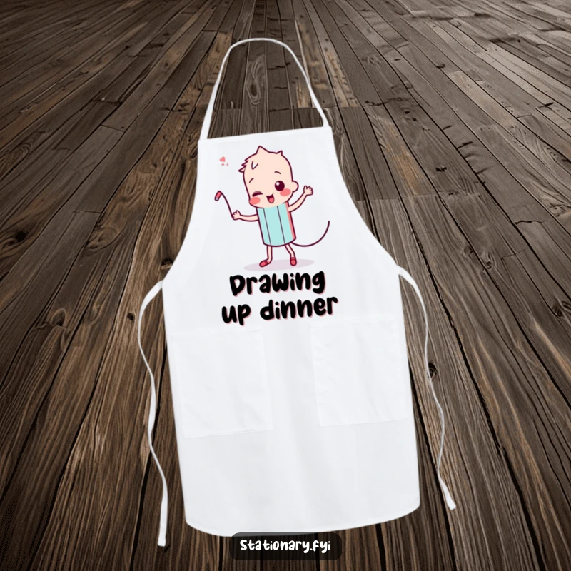 Funny Kawaii Pencil Apron: A dancing pencil character with a wiggling lead, designed for creative cooks and kitchen fun.