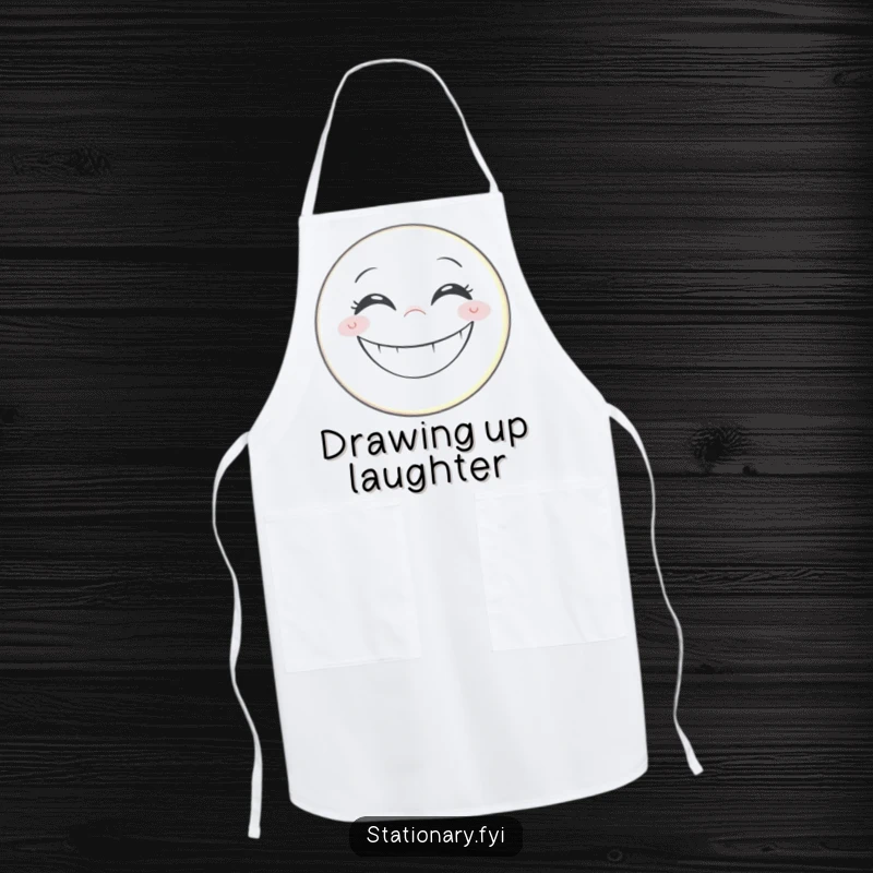 Funny apron featuring a grinning pencil drawing a giant, happy smiley face, perfect for kitchen artists.