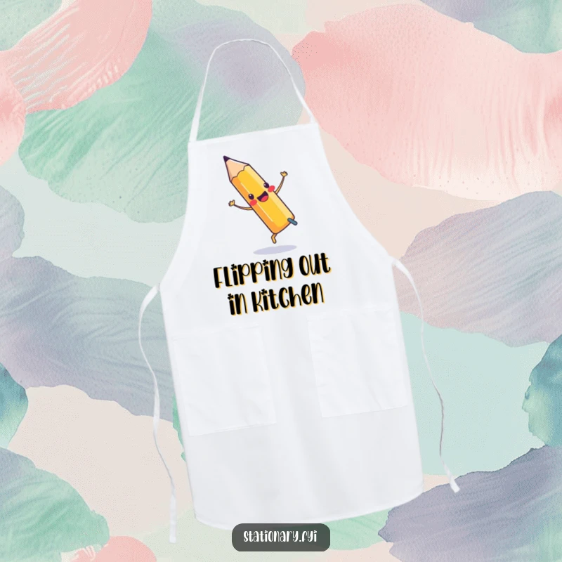 Funny Apron showcasing a pencil doing a cartwheel with an eraser, ideal for a playful cook.