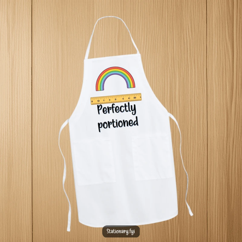 Funny apron: A playful ruler measures a vibrant rainbow arc, perfect for creative endeavors.