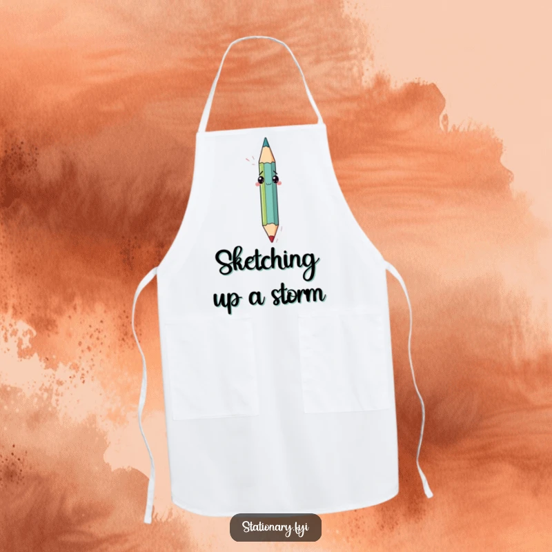 Funny apron design showing a bewildered pencil trying to draw itself with its own point, a humorous accessory for artists.