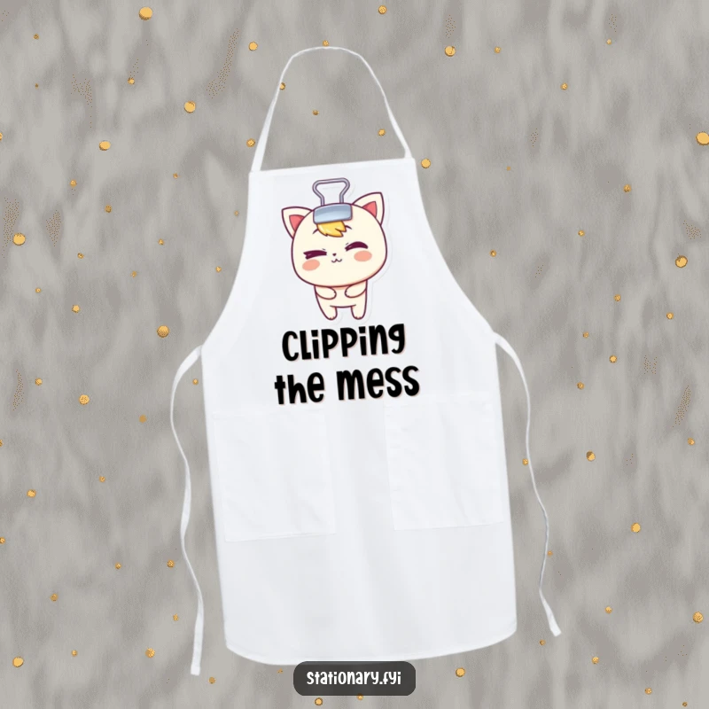 Funny kitchen apron designed with a mischievous binder clip character playfully winking, perfect for organized fun.