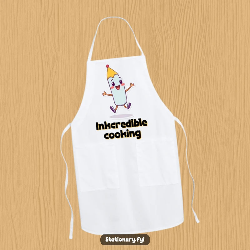 Funny cheerful pen apron with a character doing a joyful skip with a flourish, ideal for creative and humorous cooking.