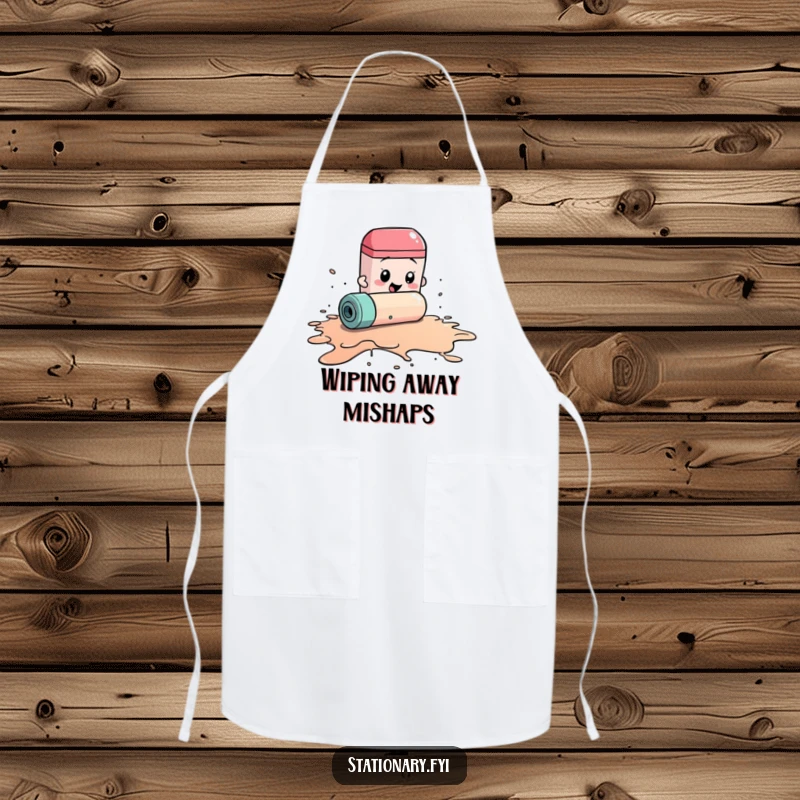 Funny apron design showing a rolling eraser frantically trying to clean a giant ink spill, a humorous and practical accessory.