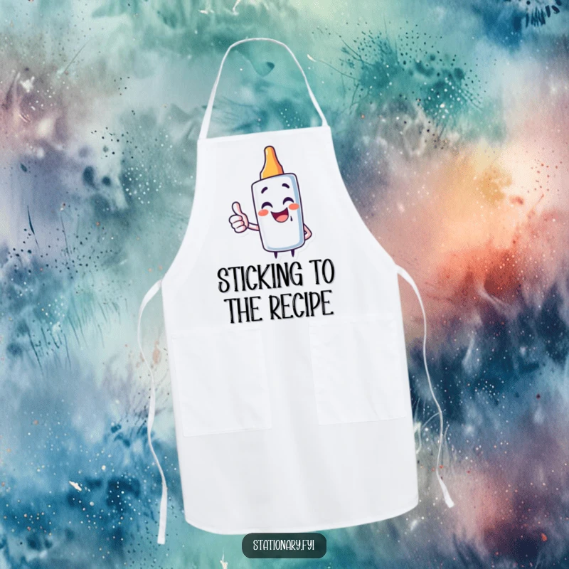 Funny kitchen apron featuring a giggling glue stick character giving a thumbs up, perfect for creative cooking.
