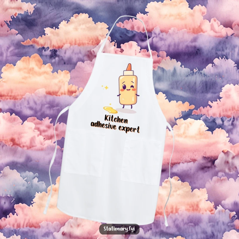 Funny glue stick apron showing a giggling glue stick leaving a shiny, sparkling, sticky trail. Great for crafting.