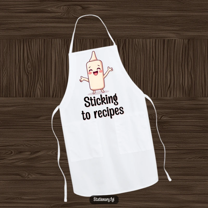 Funny Apron with a giggling glue stick spreading joy, bringing artistic adhesion and humor to the kitchen, a hilarious gift.