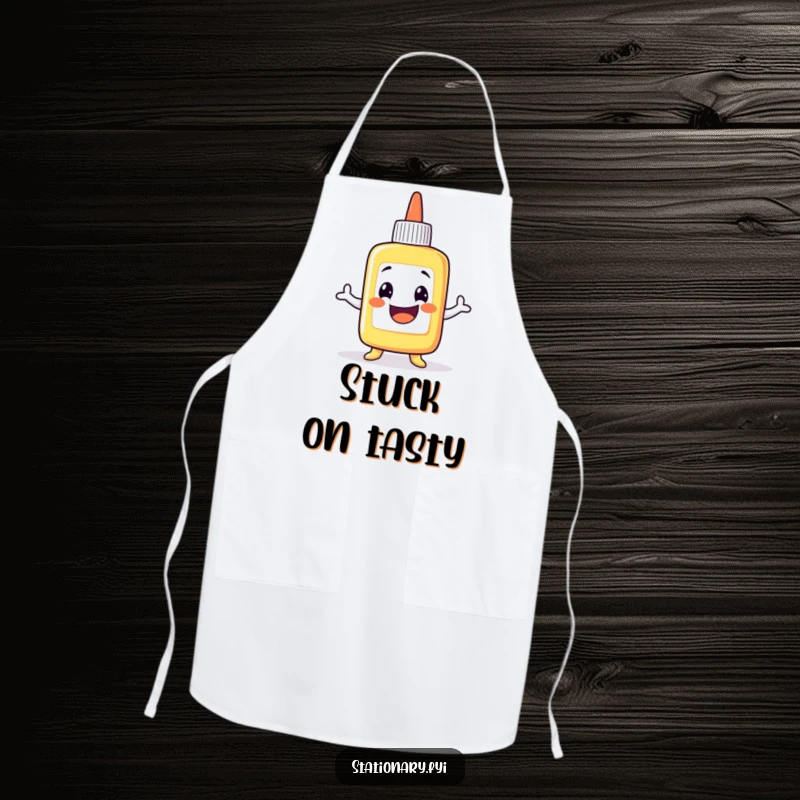 Funny Apron: A grinning glue bottle character performing a wobbly dance, perfect for the kitchen and adding humor to cooking.