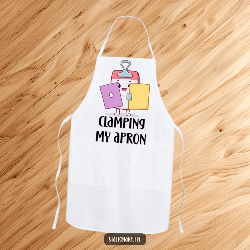Funny Kawaii binder clip character diligently clamping items on a functional apron, perfect for kitchen humor.