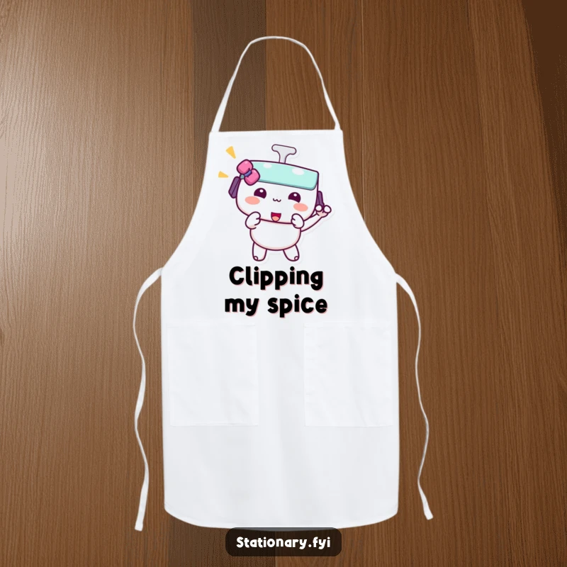 Funny kawaii binder clip apron showcasing a character doing a playful pinch, ideal for a fun and secure cooking experience.