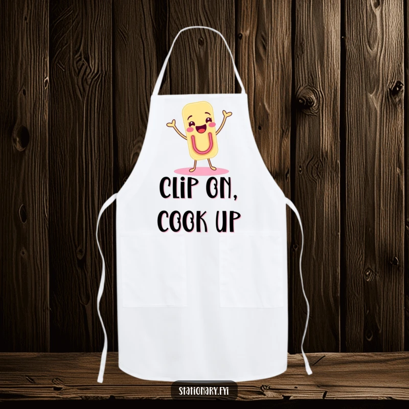 Funny apron with a joyous paper clip character doing a delightful shimmy, perfect for cheerful kitchen activities.