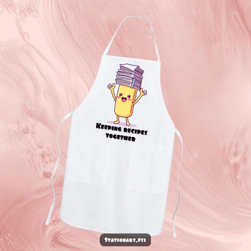 Funny Apron showcasing a triumphant Kawaii paperclip character holding papers, perfect for keeping things neat in the kitchen.