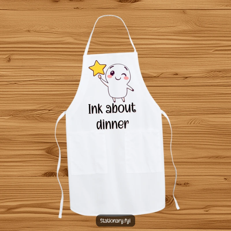 Funny kitchen apron designed with a happy pen character drawing a smiling star in the air, perfect for creative cooking.