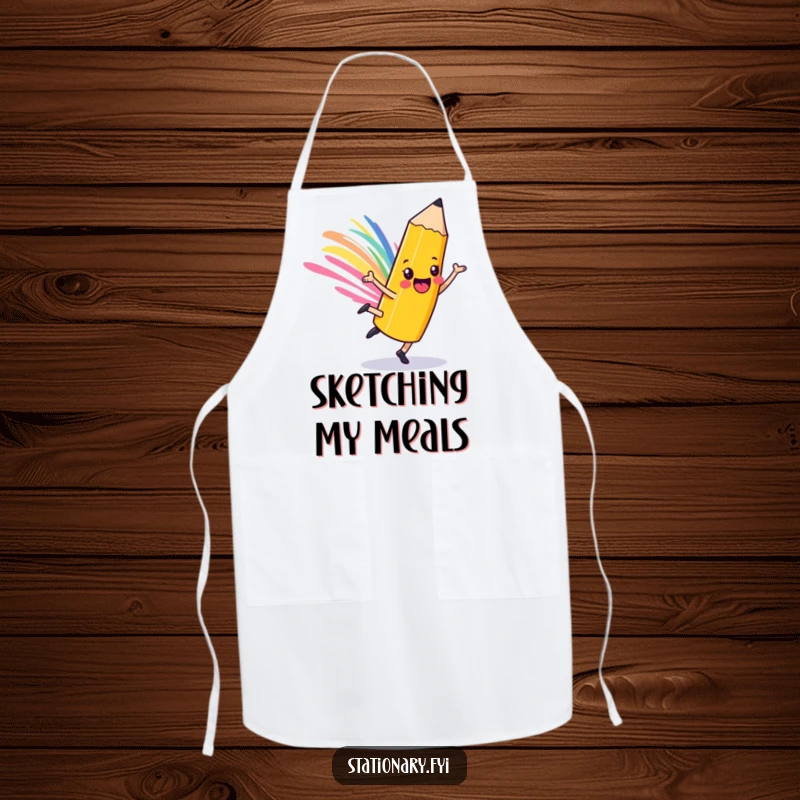 Funny playful pencil apron, cartwheeling character with a colorful streak, making kitchen activities fun and artistic.