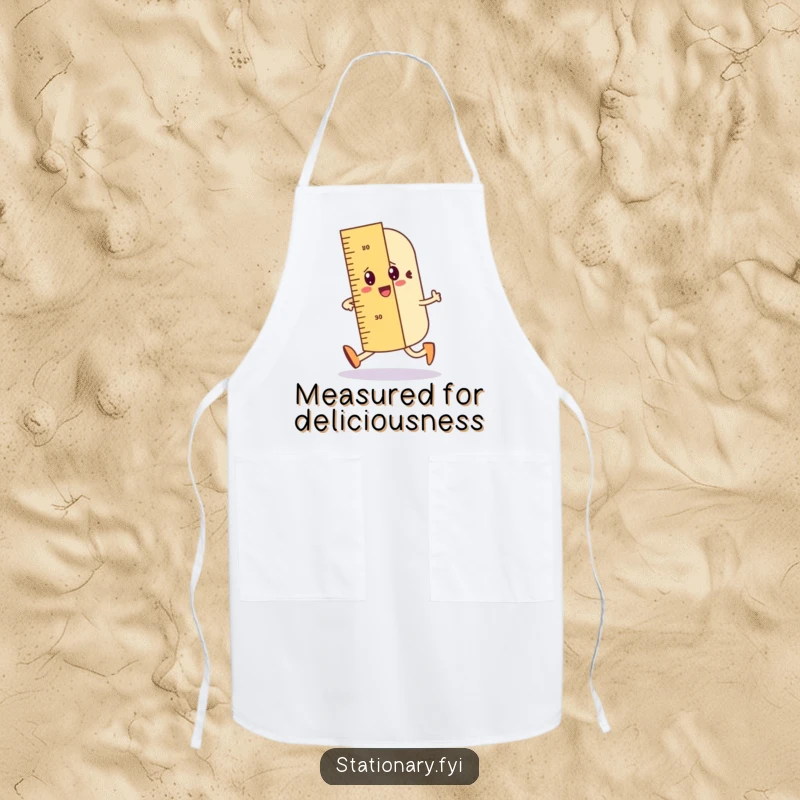 Funny apron showing a wobbly ruler character doing a jaunty walk, drawing a straight line, for precise cooks.