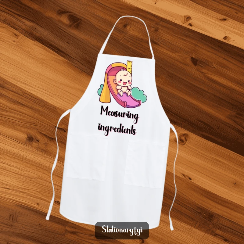 Funny apron designed with a playful ruler character sliding down a colorful slide, ideal for kitchen fun.