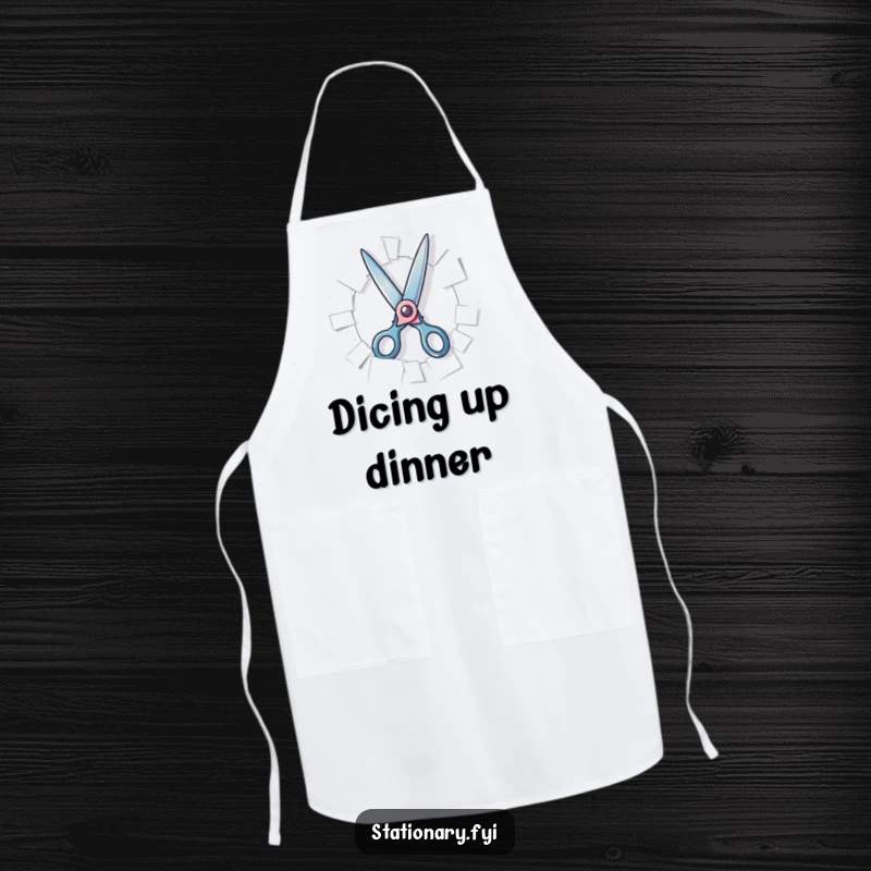 Funny Apron with playful scissors gleefully snipping paper, bringing artistic creativity and humor to the kitchen, a hilarious gift.