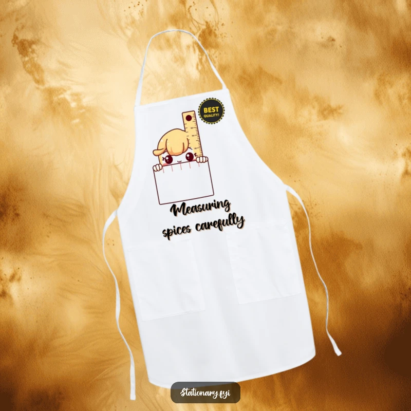 Funny Apron showcasing a shy ruler peeking from behind a notebook, ideal for gentle kitchen fun.