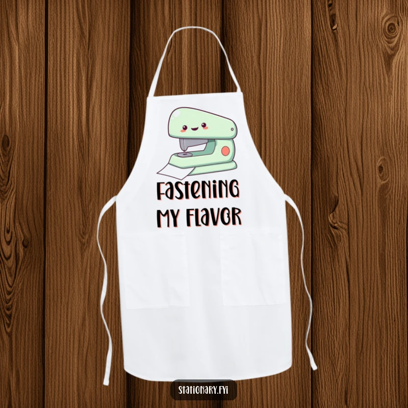 Funny Apron with a delighted stapler rapidly fastening paper, bringing artistic efficiency and humor to the kitchen, a hilarious gift.
