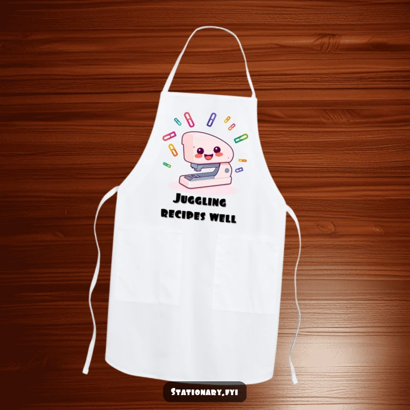 Funny Apron showcasing a smiling stapler juggling paper clips, great for kitchen fun and office enthusiasts.