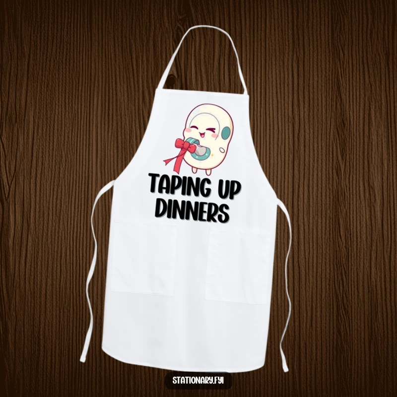 Funny apron with a winking tape dispenser character preparing to dispense a festive ribbon, ideal for kitchen humor.