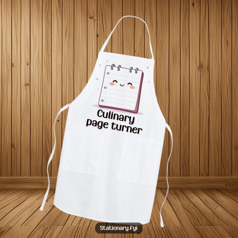 Funny apron showcasing a happy notepad with pages flapping in a breeze, ideal for adding a creative and humorous touch to cooking.