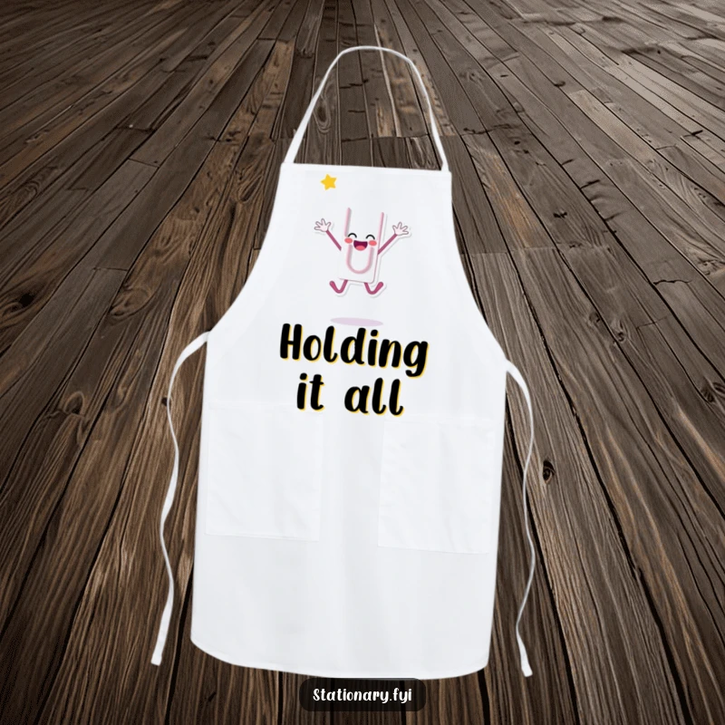 Funny kitchen apron with a happy paperclip character jumping, ideal for energetic cooking and protecting clothes, a superb funny gift.