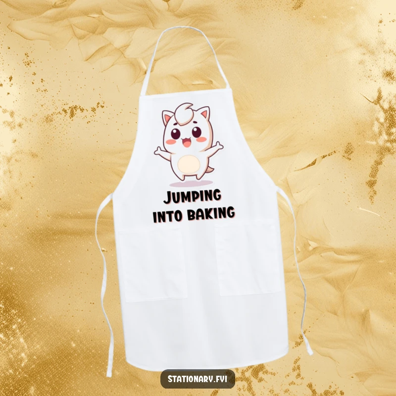 Funny Apron showcasing a Kawaii staple remover character in a surprised jump, perfect for kitchen antics.