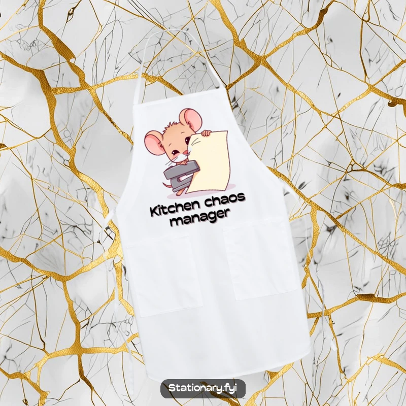 Funny apron design showing a small mouse trying to staple an enormous sheet of paper with a tiny stapler, a humorous kitchen essential.