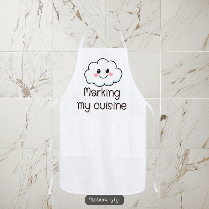 Funny Kawaii marker character drawing a smiling cloud on a functional apron, perfect for creative messy fun.