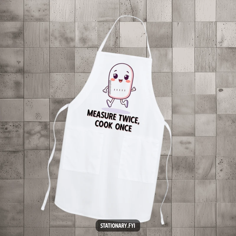 Funny apron with a bouncing ruler character humorously measuring imaginary footsteps, perfect for chefs and kitchen enthusiasts.