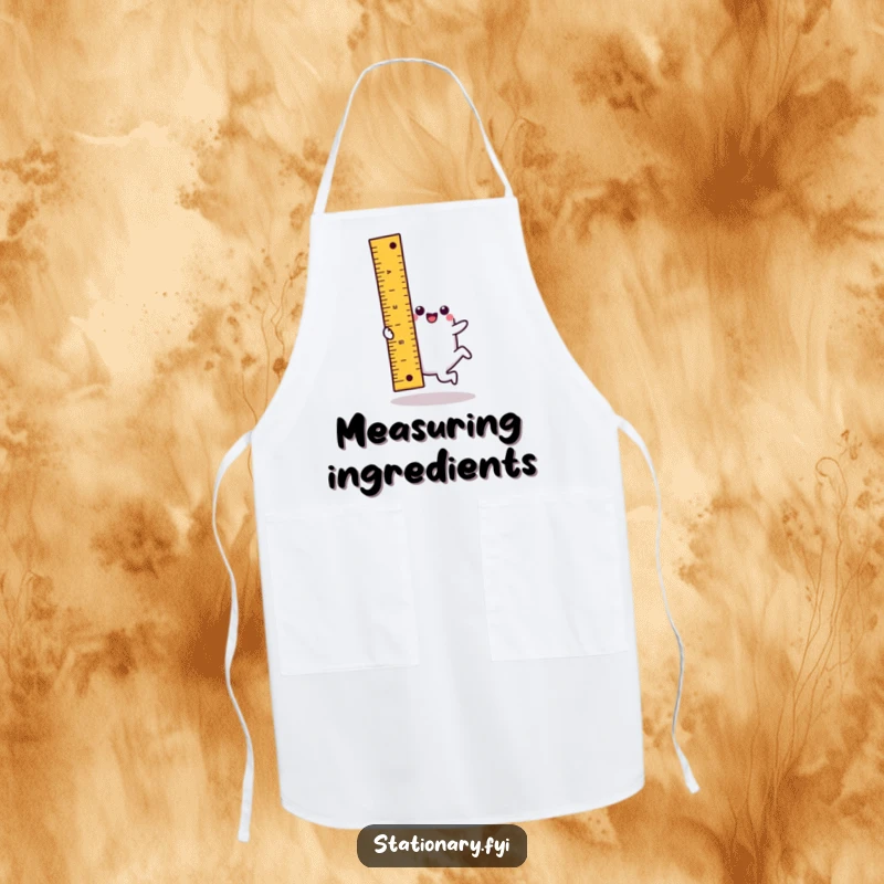 Funny kawaii ruler apron showcasing a character doing a cartwheel, ideal for a fun and precise cooking experience.