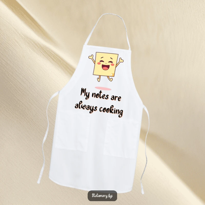 Funny apron showcasing a sticky note jumping for joy, adding a playful and humorous element to cooking or baking.