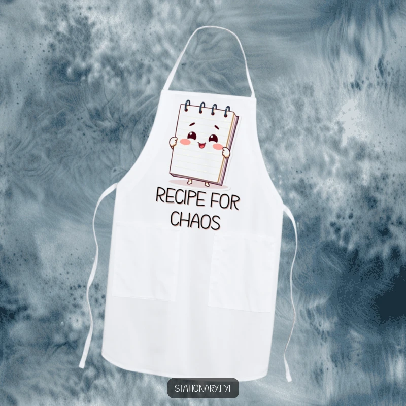 Funny notepad apron featuring a delighted character unfurling pages with a smile, ideal for kitchen use with a humorous twist.