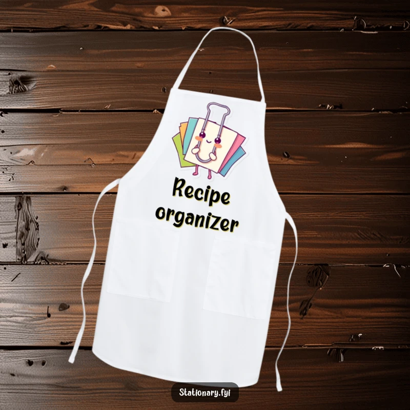 Funny apron: A happy paperclip holds colorful papers, perfect for protecting clothes during tasks.