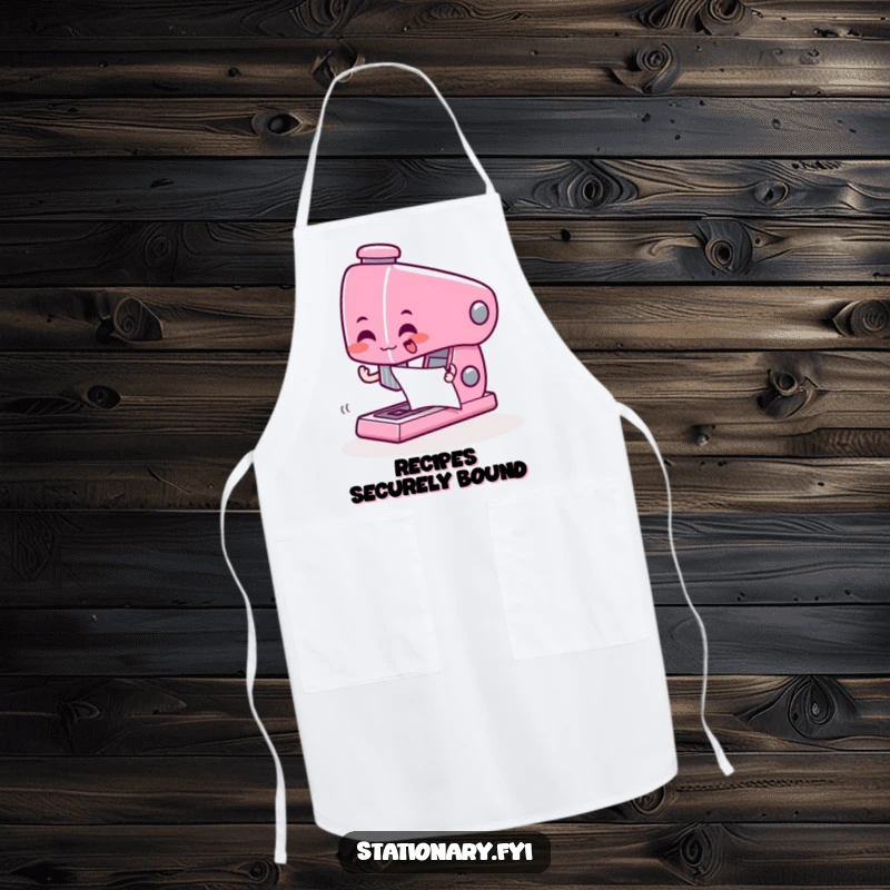Funny apron showing a giddy stapler character zapping paper together, ideal for neat and speedy cooks.