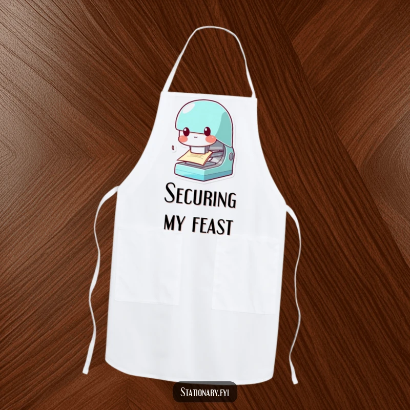 Funny Kawaii Stapler Apron: A chomping stapler character design, making kitchen tasks feel more organized and fun.