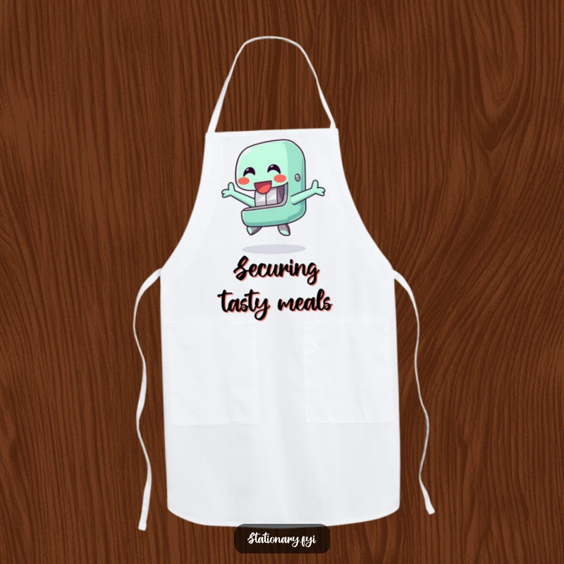 Funny apron featuring a happy stapler character doing a cheerful jump, great for chefs and bakers who appreciate office-themed humor.