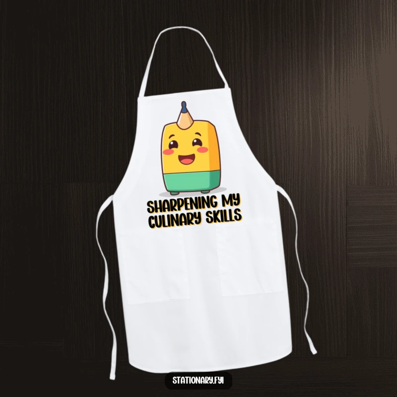 Funny Apron: A cheerful pencil sharpener character with a big grin, perfect for the kitchen and adding humor to cooking.