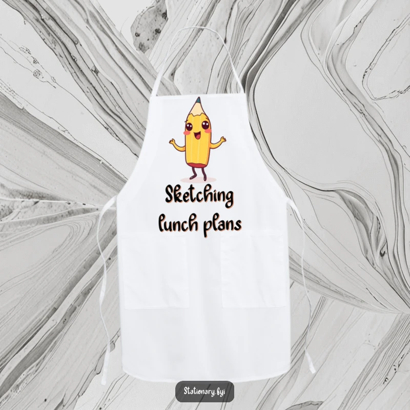 Funny Apron featuring a cheerful pencil doing a jig while cooking, adding artistic fun and practicality to the kitchen, a hilarious gift.