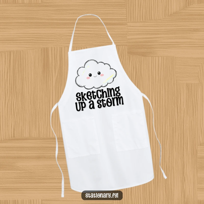 Funny apron showcasing a crayon thoughtfully drawing a cloud, perfect for protecting clothes during creative activities.