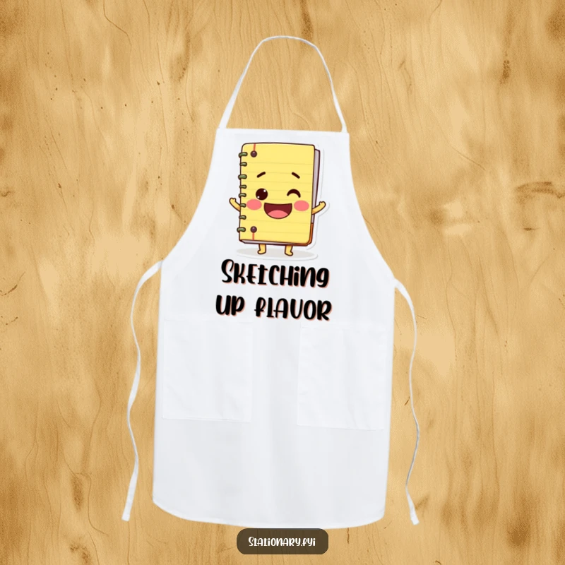 Funny apron featuring a wobbly notebook character with a big smile, ideal for cooks and bakers who enjoy whimsical kitchenware.