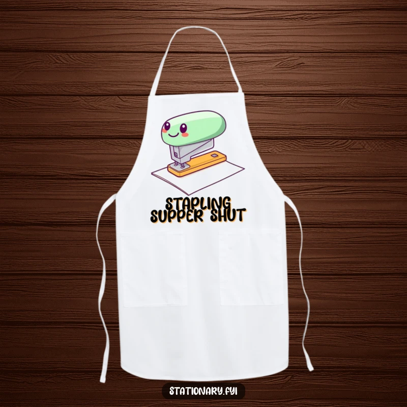 Funny apron with a cheerful stapler in mid-zip across paper, perfect for cooks who love office humor.