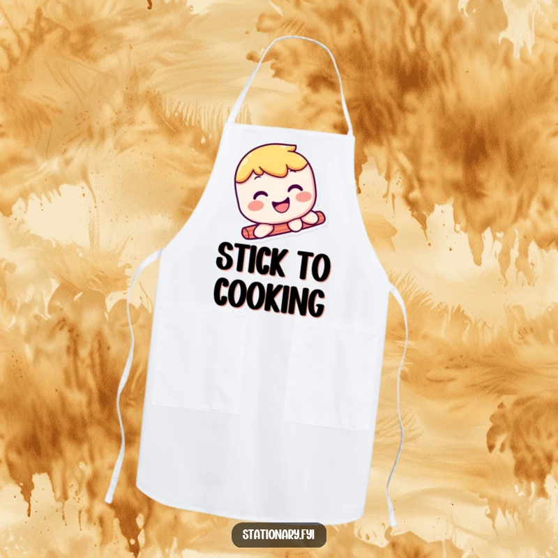 Funny kawaii glue stick apron showcasing a happy character sliding smoothly, ideal for a fun and clean cooking experience.